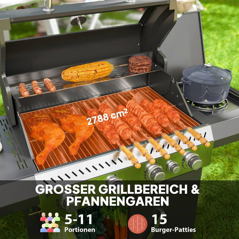 Outsunny Gasgrill mit 5 Brennern und Seitenkocher, BBQ Grillwagen mit 2 Heizzonen, Thermometer und Seitenablagen, H x B x T: 110 x 54 x 135 cm - Bild 5