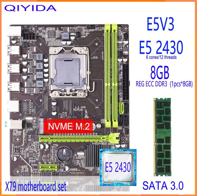 Qiyida X79 Motherboard-Set mit Xeon E5 2430 CPU, 8 GB DDR3 REG ECC RAM und M.2 NVMe Anschluss, Schwarz - Bild 1