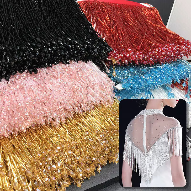 Kristall Anhänger Spitze Trim mit Quaste in Schwarz, 15 cm Fransen für DIY Nähzubehör, Tanzkostüme und Dekoration - Bild 1