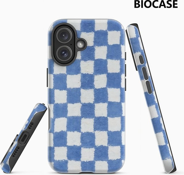 Potdemiel Plüsch-Handyhülle im Schachbrett-Design für iPhone 17 16 15 14 Pro Max Plus, Blau-Weiß, magnetisch mit Einzel- und Doppelschicht-Schutz - Bild 1