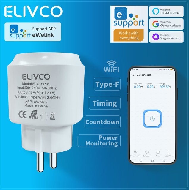 Elivco eWelink Smart Plug WLAN-Steckdose mit Timer und Countdown in Weiß, kompatibel mit Google Assistant, Alexa, SmartThings, Alice und Salute - Bild 1