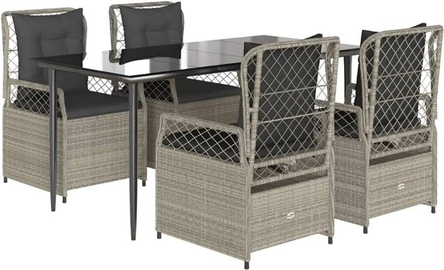 vidaXL 5-teilige Garten-Essgruppe aus Poly-Rattan mit Kissen in Hellgrau und Glastisch - Bild 1
