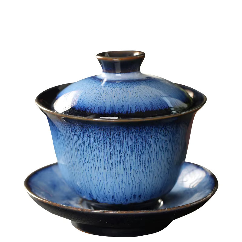 Keramik Teetasse in Blau mit gebürstetem Design - Bild 4