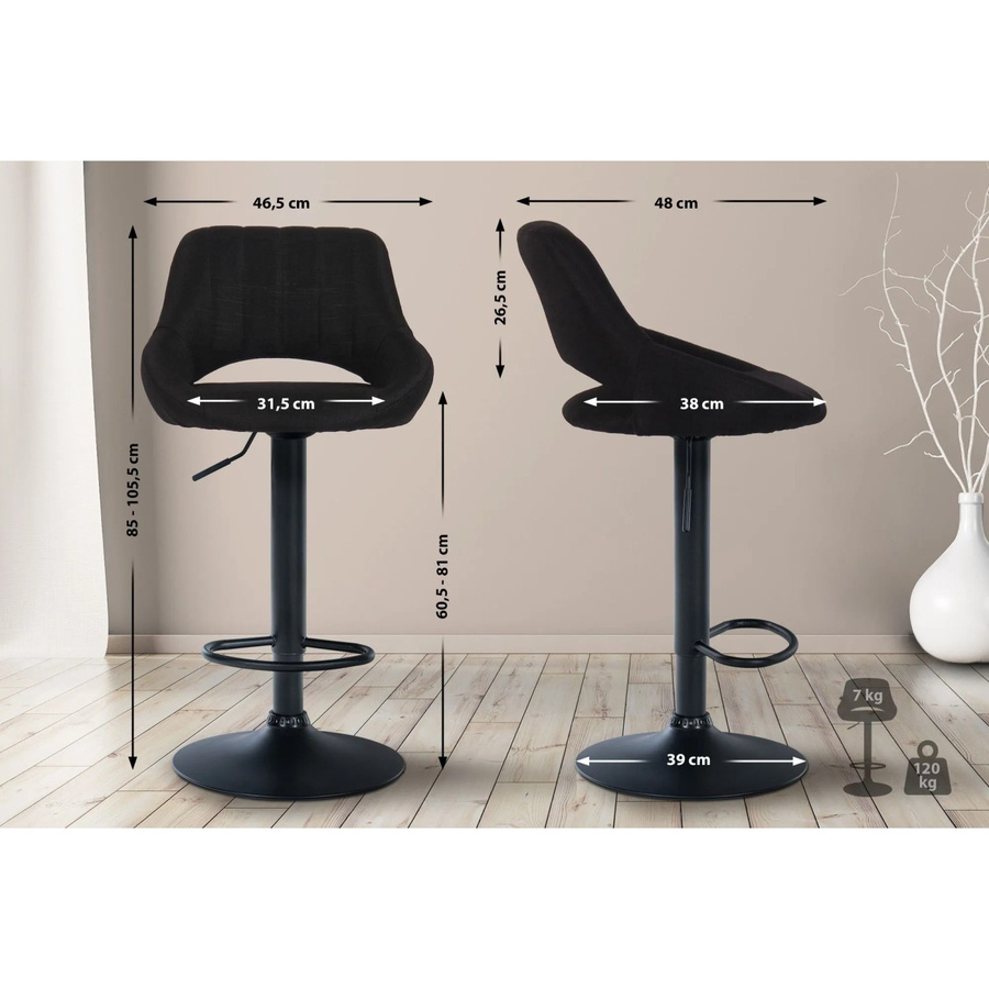 2er Set Barhocker DELUKE SEGAD in Schwarz mit Lehne und 360 Grad Drehsitz, B/T/H: 47 x 48 x 85 cm - Bild 2