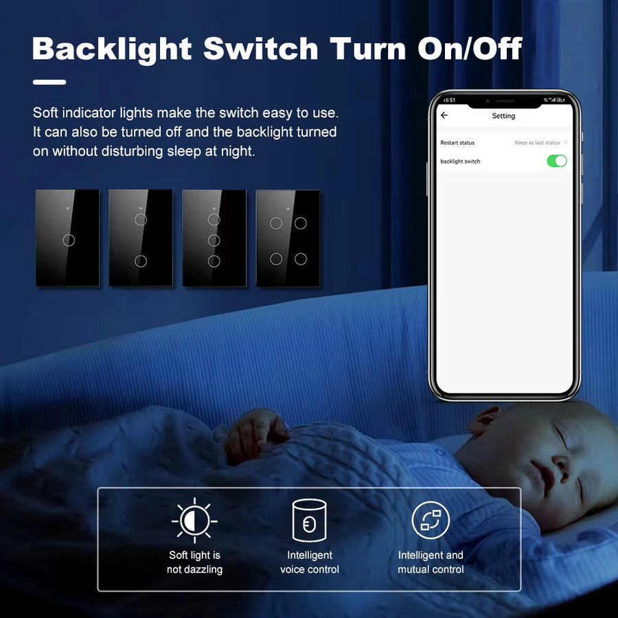Smart Life WLAN und Bluetooth Touch-Lichtschalter in Schwarz mit Alexa und Google Home Unterstützung für US-Standard, Tuya kompatibel, ohne Neutralleiter oder mit Neutralleiter erhältlich - Bild 4