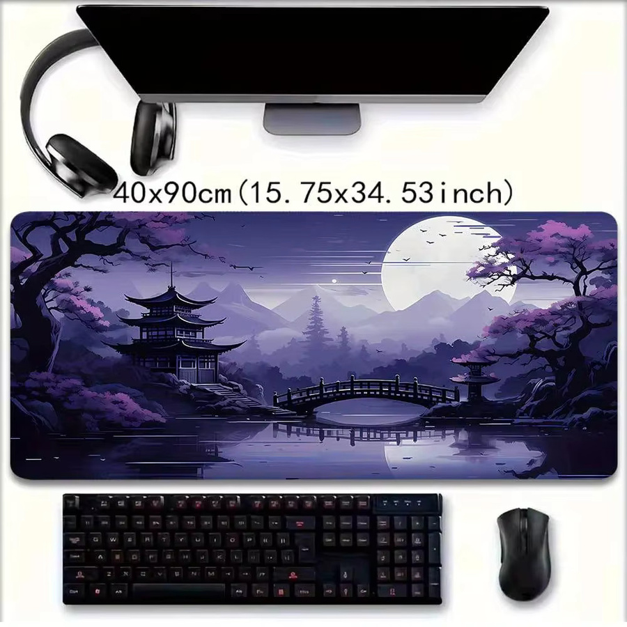 Gaming-Mauspad mit lila Nachtszene, Kirschblüten- und Pagoden-Design, rutschfeste Gummibasis, Farben: Lila und Weiß - Bild 3