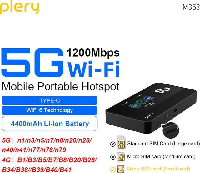 PLERY 5G LTE Router mit 4400mAh Akku, Dual-Band WLAN 2,4GHz und 5,8GHz, 1800Mbps, Schwarz - Bild 1