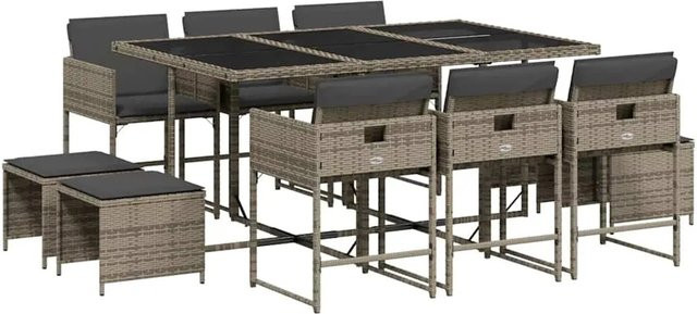 vidaXL 11-teilige Garten-Essgruppe aus Poly-Rattan in Grau mit Kissen und Hartglas-Tischplatte - Bild 1