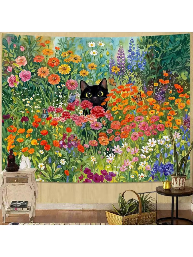 VIKAMA Wandteppich mit schwarzer Katze im bunten Blumengarten, Wandbehang mit Blumen- und Katzenmotiv, B/H: 40 x 60 cm - Bild 4