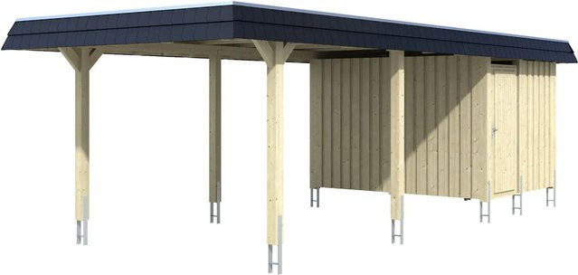 Skan Holz Carport Wendland Eiche hell mit Anbau und Alu-Dach, B/T: 362 x 870 cm, Blende Schwarz - Bild 1