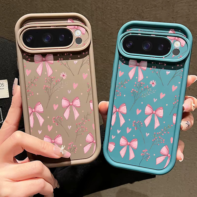 Stoßfeste Silikon-Handyhülle mit rosa Schleife und Blumendruck für Google Pixel 9 Pro, 9, 8 Pro, 8, 7 Pro und 7a - Bild 1