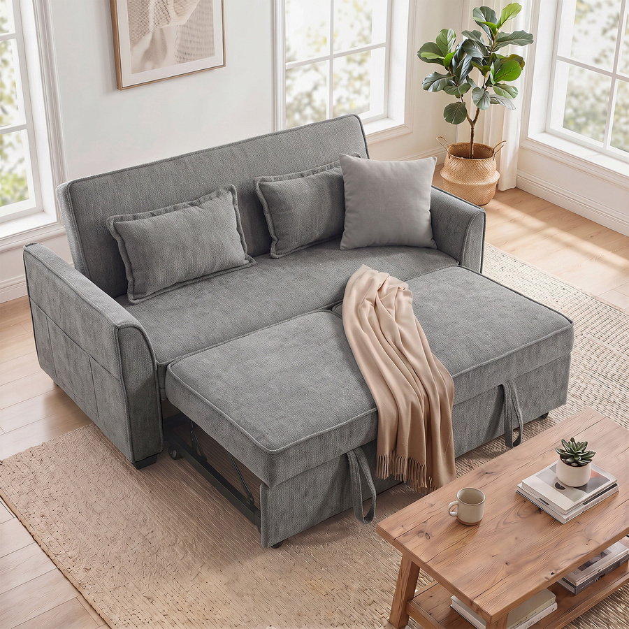 Aosom 4-in-1 Schlafsofa 2-Sitzer in Grau mit Chenille-Optik und Schlaffunktion, verstellbare Rückenlehne und Seitentaschen, B/T/H: 142 x 186 cm - Bild 2