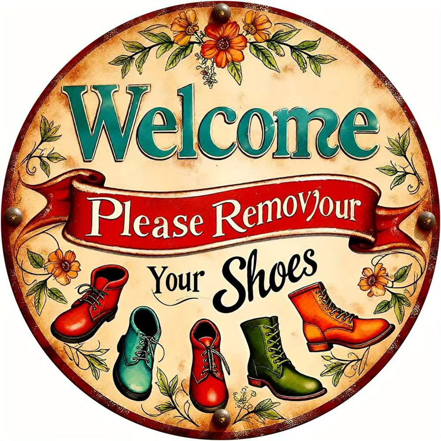 Retro Metallschild CIFBUY Willkommen bitte entfernen Sie Ihre Schuhe mit Blumenmuster, Wandkunst für rustikale Heimdekoration, B/H: 20,32 x 20,32 cm, Mehrfarbig - Bild 5