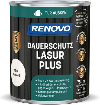 RENOVO Dauerschutzlasur PLUS für Holz, wetterfest, deckend, seidenmatt, Farbe: Kalkweiß, 750 ml - Bild 1