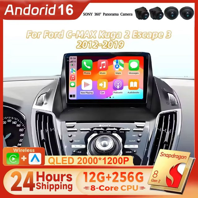 TIEYEZ Android 16 Multimedia-Stereoanlage mit GPS-Navigation für Ford C-Max Kuga 2 Escape 3 (2012-2019), Schwarz - Bild 1