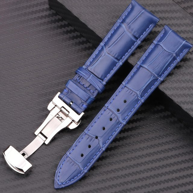 RX-Panjia Uhrenarmband Leder, Alligator-Muster, Faltschließe, 24mm, blau, Unisex - Bild 1