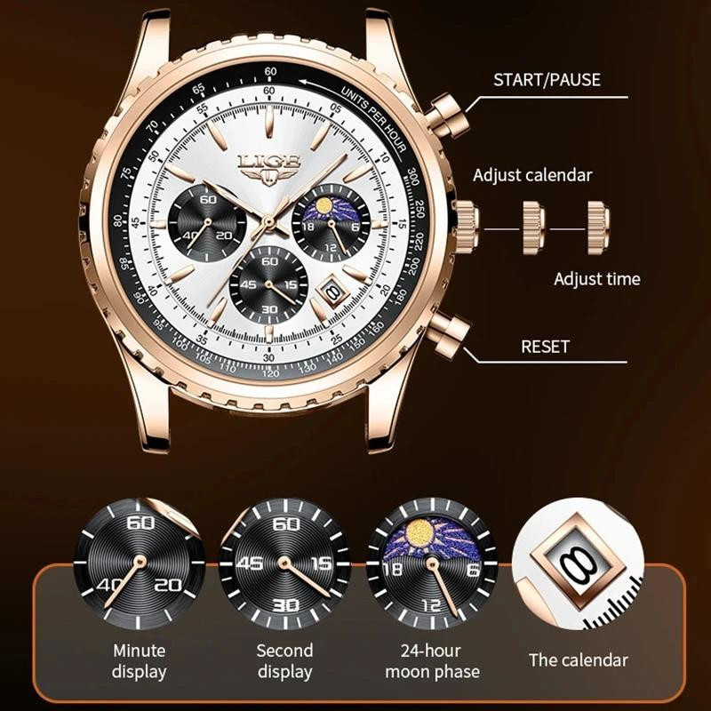 LIGE Armbanduhr, Chronograph, Quarz, Leder, Blau, Herren - Bild 7