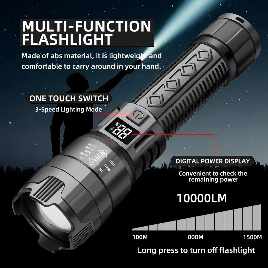 Heinast Tragbare Teleskop-Zoom-Handtaschenlampe in Schwarz mit 3 Beleuchtungsmodi, wiederaufladbar und wasserdicht mit Leistungsanzeige - Bild 3