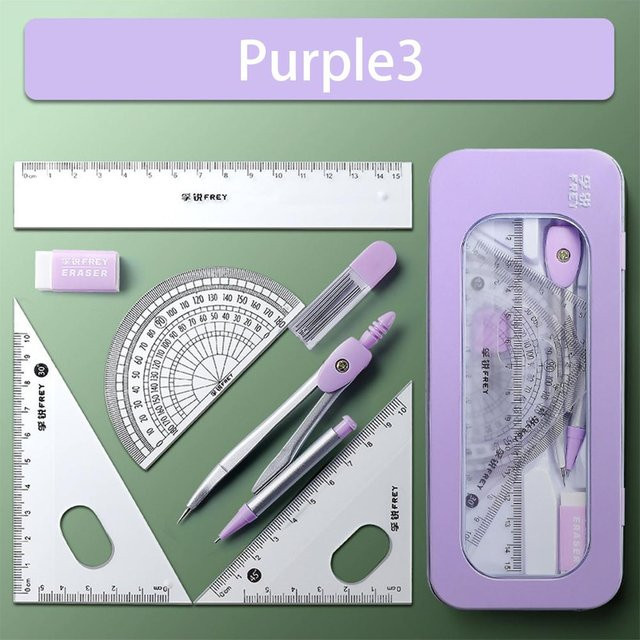 7-teiliges geometrisches Mathematik-Zeichenwerkzeug-Set mit Kompass, Winkelmesser, Lineal und Radiergummi in Violett, Blau und Grün - Bild 1