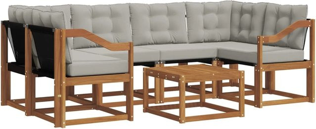 vidaXL Outdoor-Sofagarnitur 7-teilig aus Akazienholz und Textilene in Natur und Hellgrau mit Kissen und Armlehnen - Bild 1