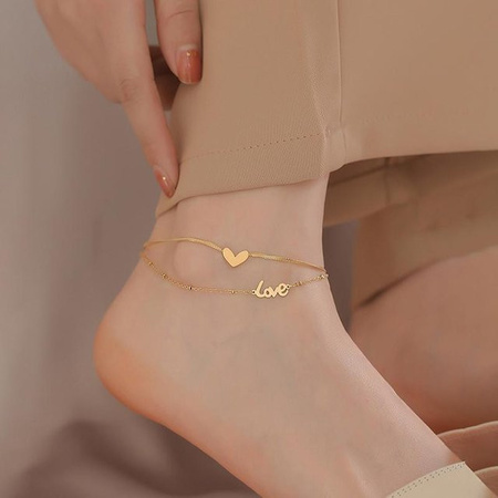 Etherealkhe Fußkettchen Doppel Schicht, Herz, Gold Farbe, Damen