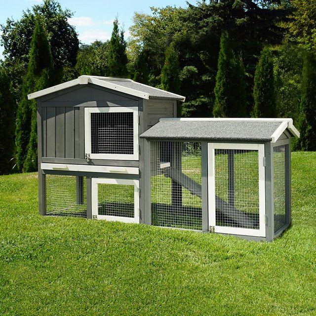 MyAnimal Hasenstall MH-03 Doppelstockhaus mit Garten und Freilauf aus Kiefernholz in Grau/Weiß - Bild 1