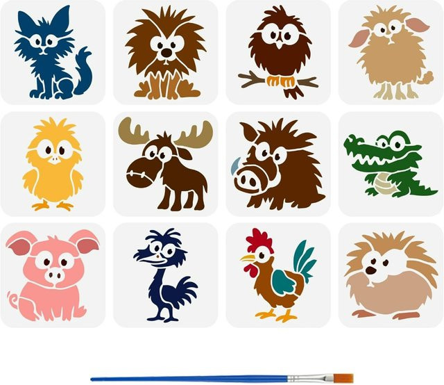 12 Stück wiederverwendbare Cartoon-Tier Malschablonen mit Pinsel, Motive: Rentier, Katze und Löwe, Mehrfarbig, B/H: 15 x 15 cm - Bild 1