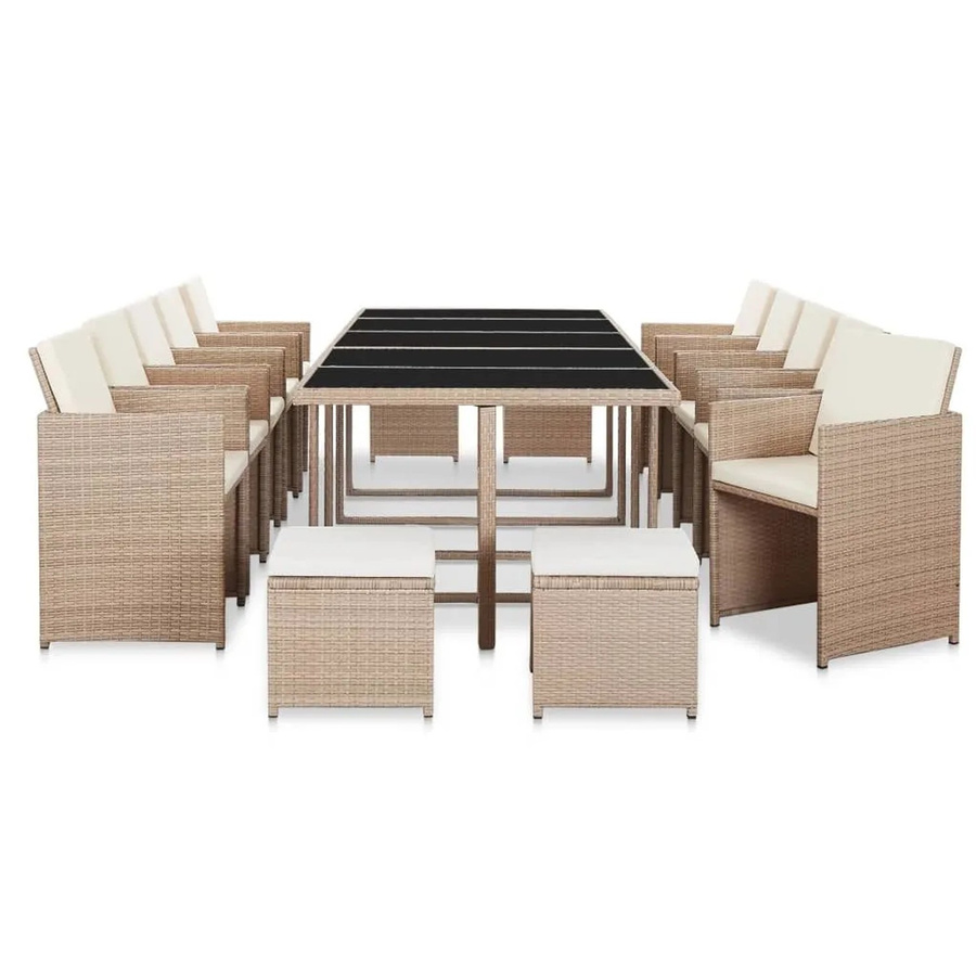 vidaXL 15-teilige Garten-Essgruppe aus Poly-Rattan in Beige und Cremeweiß mit Glasplatte und wetterfesten Auflagen - Bild 2