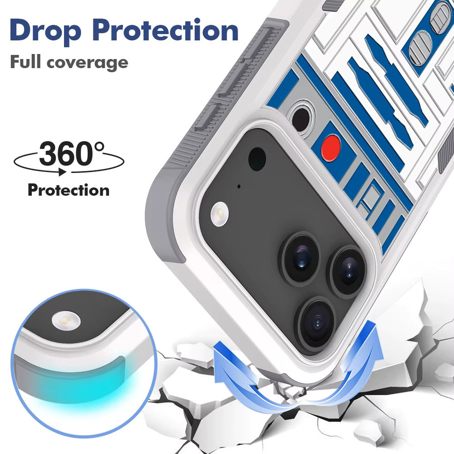 Schutzhülle für Apple iPhone 16E, iPhone 17 Air und iPhone 17 Pro Max mit R2D2-Roboter-Druck, doppelschichtige Stoßdämpfung aus hartem PC und Silikon, Farbe: Weiß - Bild 3
