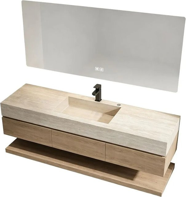 360Home Badmöbel Set in Beige mit Sinterstein Waschbecken im Travertine Look, Spiegelschrank mit LED-Beleuchtung und Anti-Fog-Funktion sowie Unterschrank und Seitenschrank, B/T/H: 120 x 55 x 85 cm - Bild 1