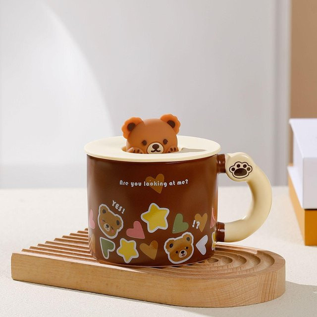 Yiran Furniture Keramiktasse mit Deckel im Cartoon-Bären-Design, Braun, 360 ml - Bild 1