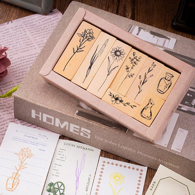 Set aus 8 Holzstempeln mit Retro-Pflanzenvasenmuster in Braun für Scrapbooking und DIY-Dekorationen - Bild 1