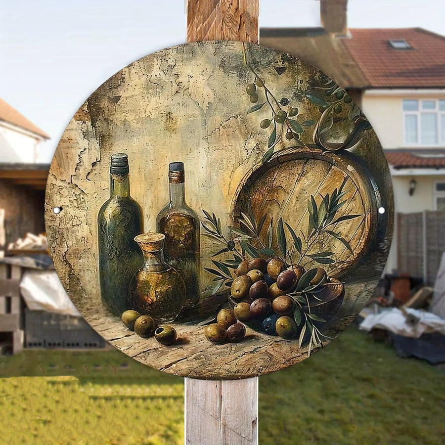 Potdemiel Wandkunstschild 2D Flat aus Aluminium im Vintage-Stil mit Stillleben von Flaschen, Gläsern und Oliven, rund, Mehrfarbig, Durchmesser: 19,99 cm - Bild 4