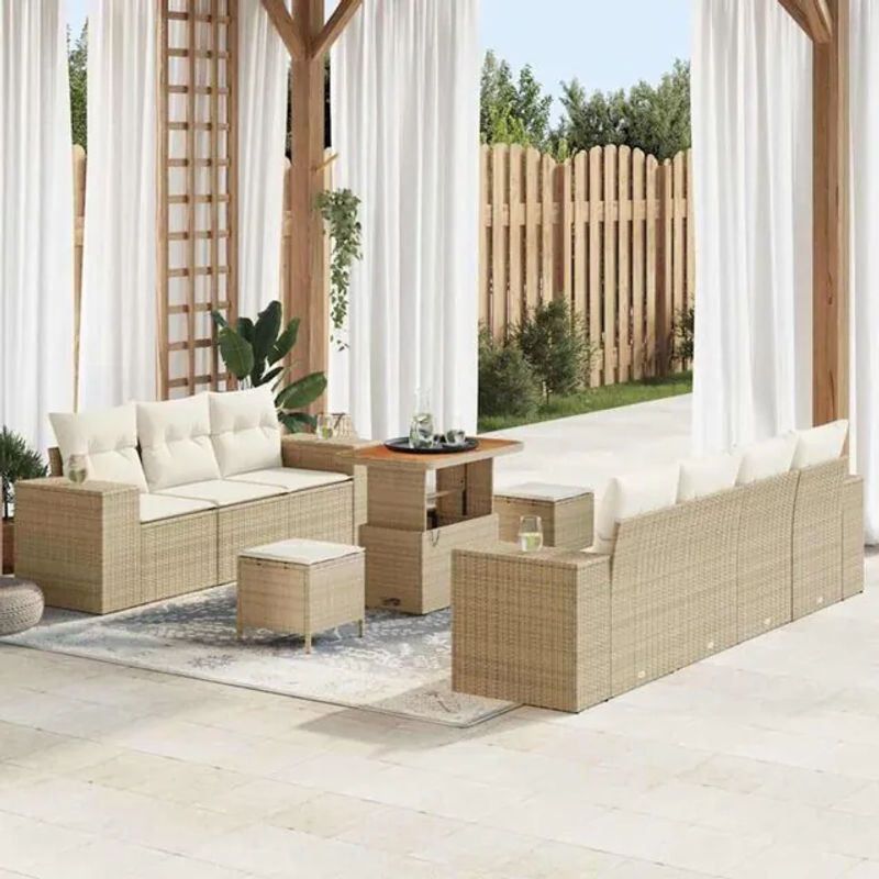 vidaXL Polyrattan Garten-Sofa-Set mit 10 Teilen in Beige und Creme, modulares Loungemöbel-Set mit Fußhocker und Kissen, B/T/H: 90 x 55 x 71 cm - Bild 1