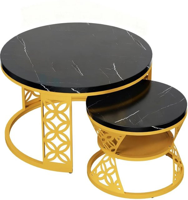 okwish Couchtisch mit Marmor-Optik und Metallbeinen in Schwarz und Gold, B/T/H: 70 x 70 x 45 cm - Bild 1