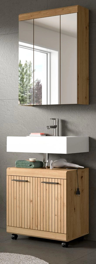 Badmöbel Set Shawn in Eiche braun matt, 2-teilig bestehend aus Waschtischunterschrank und Spiegelschrank, Breite: 60 cm - Bild 1