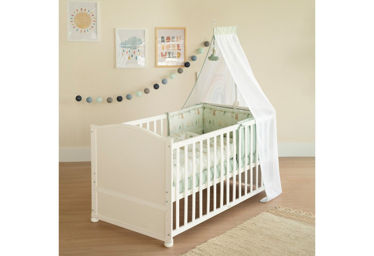 roba Komplettbett Woodland Buddies umbaubares Babybett mit Textilausstattung inklusive Matratze, Himmel, Nestchen und Bettwäsche Set in Weiß, B/T/H: 100 x 135 cm - Bild 1