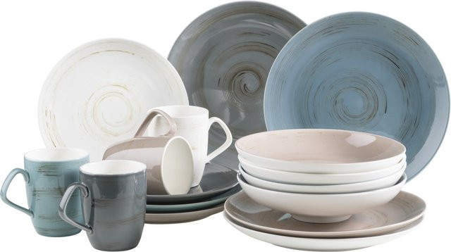 Mäser Geschirrset Derby 16-teilig aus Porzellan in Blau, Grau, Beige und Weiß - Bild 1