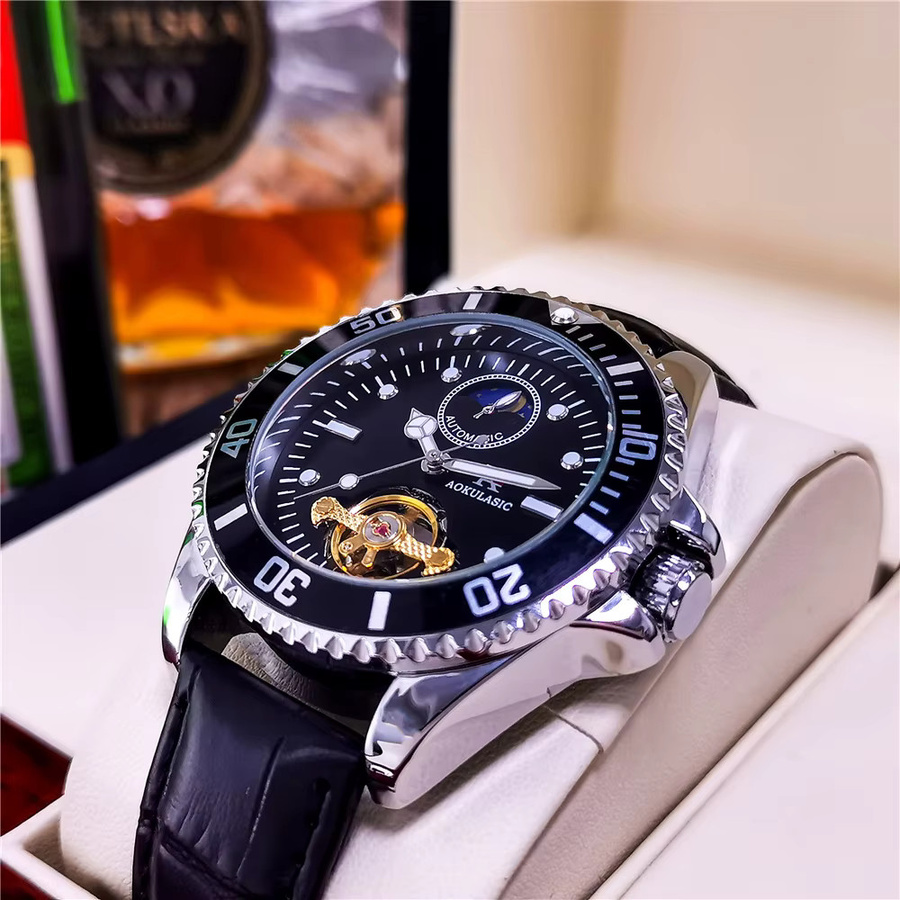 AOKULASIC Armbanduhr, Automatik, Skelett, Edelstahl, Leder, Herren - Bild 4