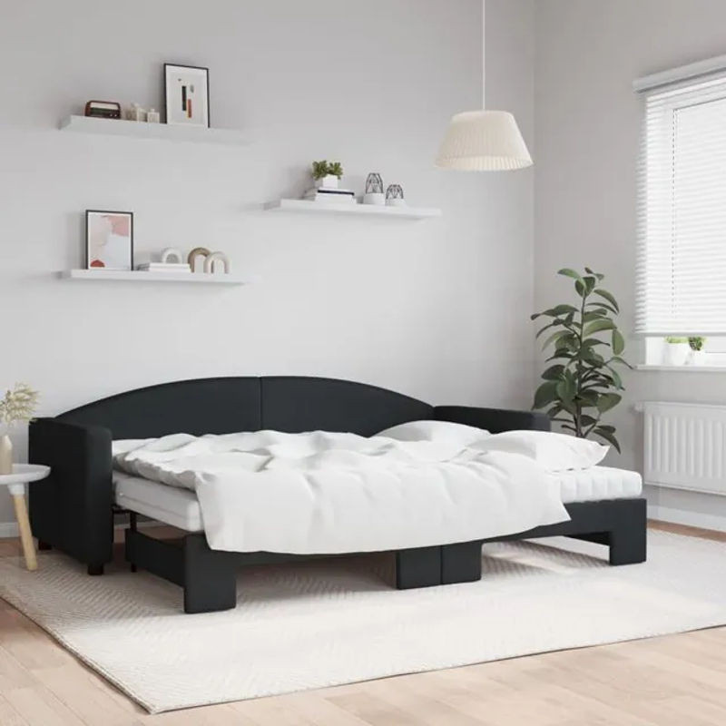 Vidaxl Ausziehbare Liege mit Matratze in Schwarz, Polsterbett aus Holz und Metall, B: 80 cm, L: 200 cm - Bild 1