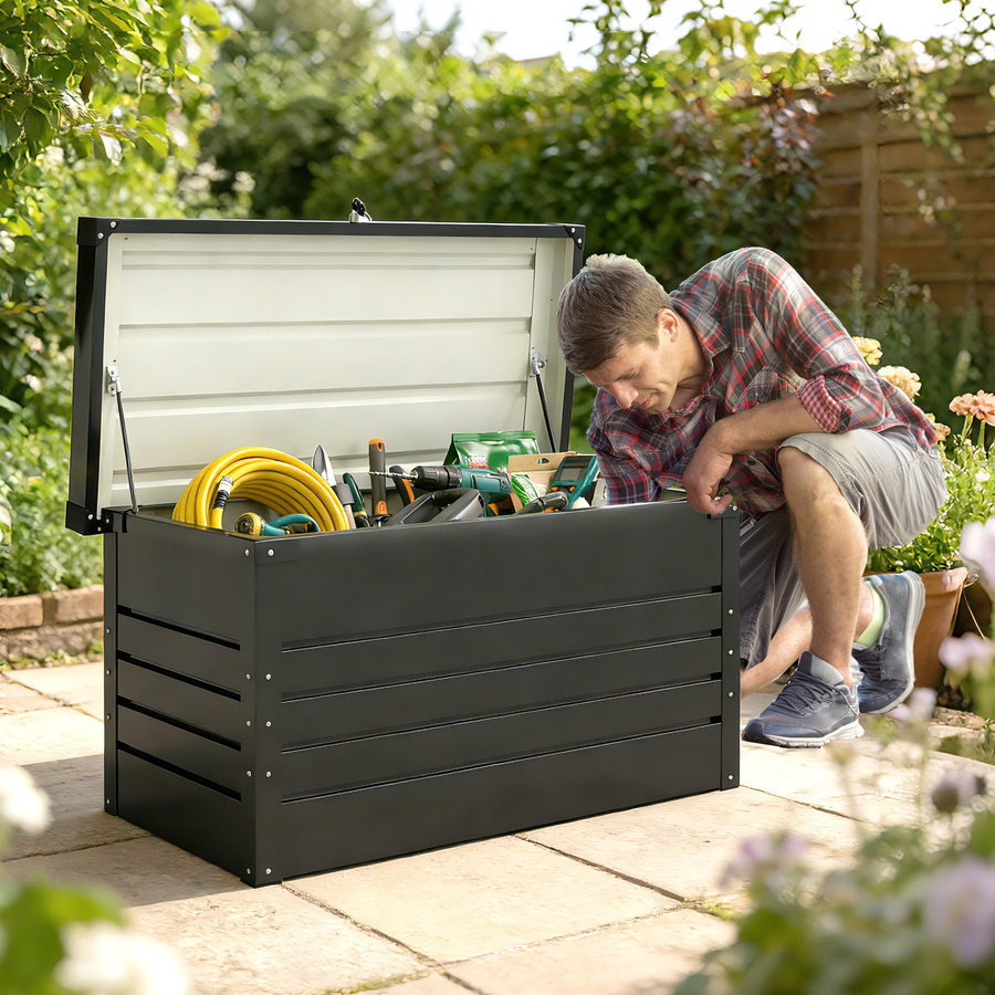 Outsunny Gartenbox aus Metall in Grau, 450L Kissenbox mit doppelwandigem Deckel, wasserabweisend und abschließbar, B/T/H: 120 x 61 x 62 cm - Bild 2