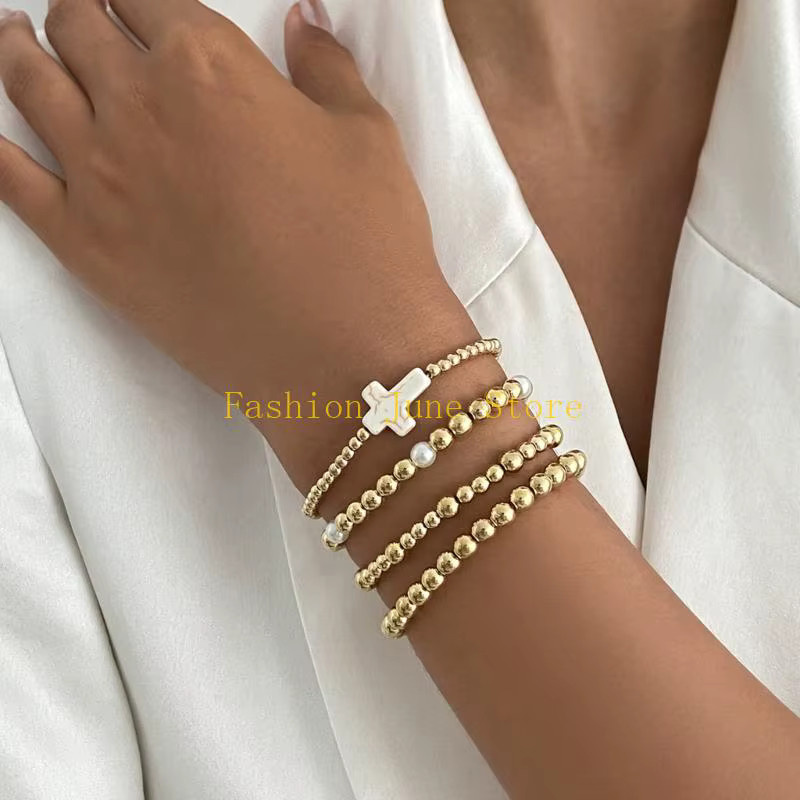 N5KA Armband-Set, Perlen, Kreuze Charm, Gold, Unisex - Bild 1