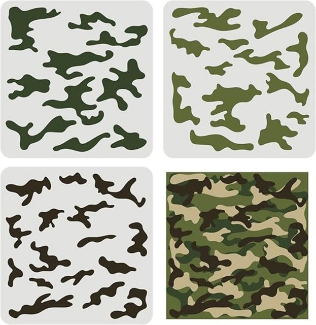 3-teiliges Camo-Schablonen-Set mit Camouflage-Muster für Sprühfarbe und Malarbeiten, B/B/B: 30,0 x 30,0 x 30,0 cm - Bild 1