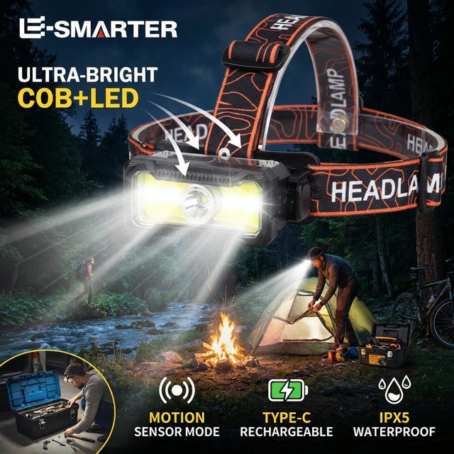 ESMARTER LED-Stirnlampe in Schwarz, wiederaufladbarer wasserdichter Scheinwerfer mit 6 Modi und Typ-C-Anschluss für Camping, Angeln und Notfälle - Bild 1