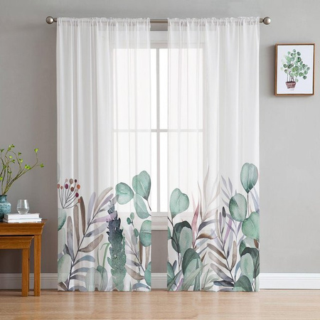Super Six Transparente Voile-Fenstervorhänge mit Blumen- und Eukalyptusmuster in Weiß, B/H: 135 x 114 cm