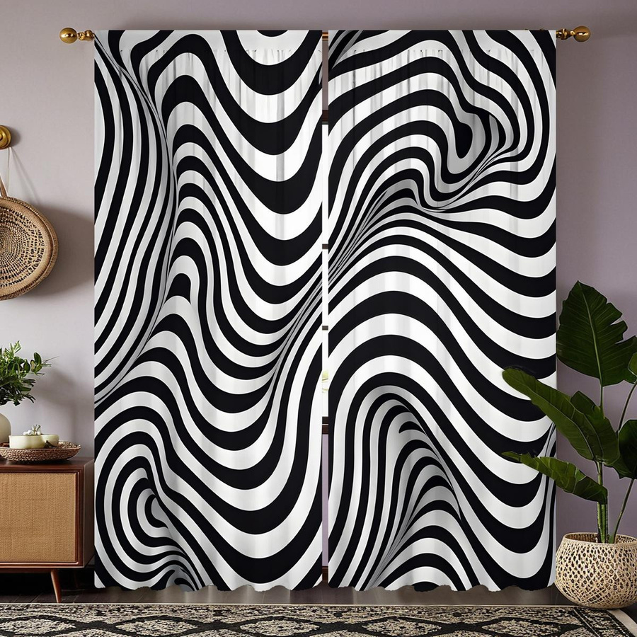 2er-Set dekorative Gardinen mit schwarz-weißem geometrischem Wellenmuster und digitalem Banddruck, semi-transparent, B: 132 cm, H: 160 cm - Bild 4