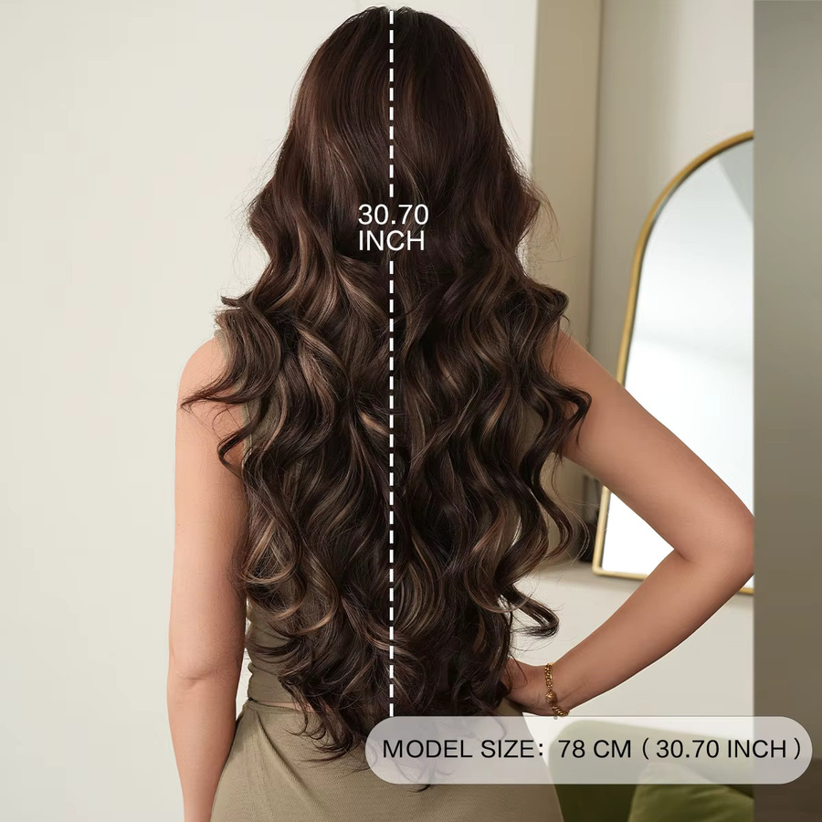 7JHH WIGS Perücke für Damen, lange gewellte dunkelbraune Synthetik-Perücke mit Mittelscheitel und Vorhangfransen - Bild 3