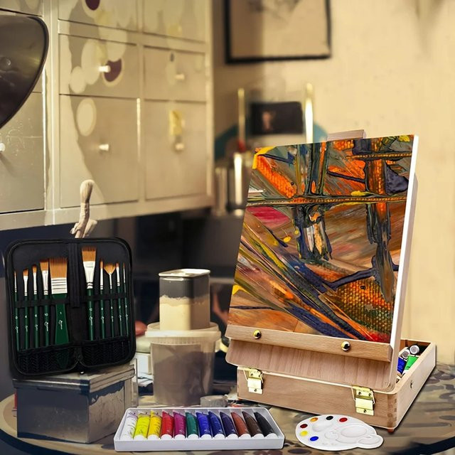 Tragbare Kunst-Toolbox aus Holz in Braun mit integrierter Staffelei für Ölmalerei und Skizzen - Bild 1