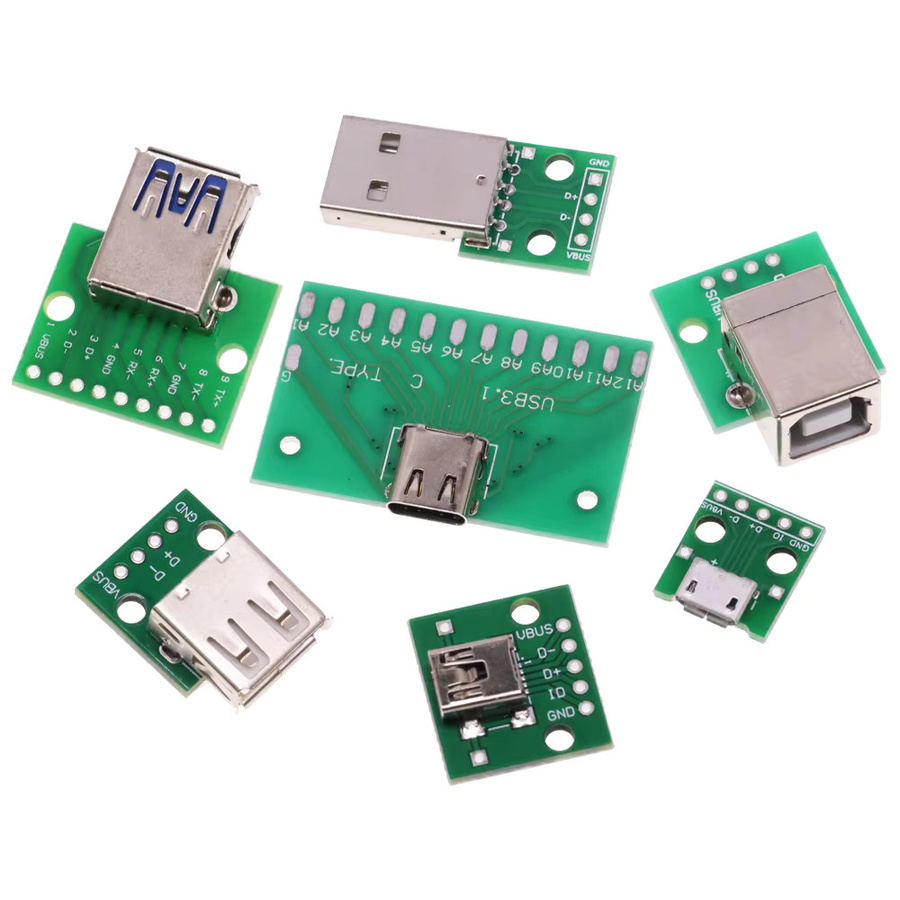 USB Konverter Adapter Breakout Board mit Micro Mini Typ-C, USB-A und USB-B Schnittstellen auf 2,54 mm DIP PCB, Farbe: Grün - Bild 2