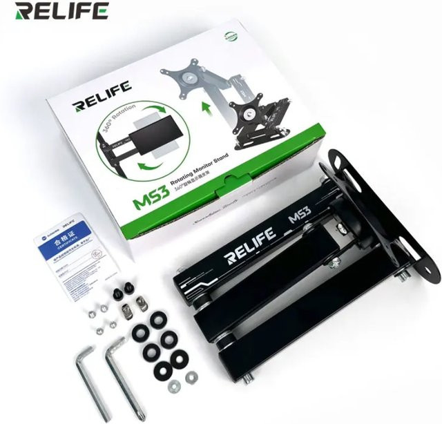 RELIFE MS3 Monitorhalterung in Schwarz, Vollbewegungsarm für 14-27 Zoll Bildschirme, Tragkraft bis 15 kg, VESA 75x75 und 100x100, Schreibtisch- oder Wandhalterung mit 360 Grad Drehung - Bild 1